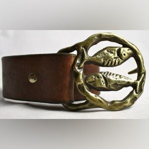 RARE 1970s Brass Pisces Belt Buckle Leather Belt